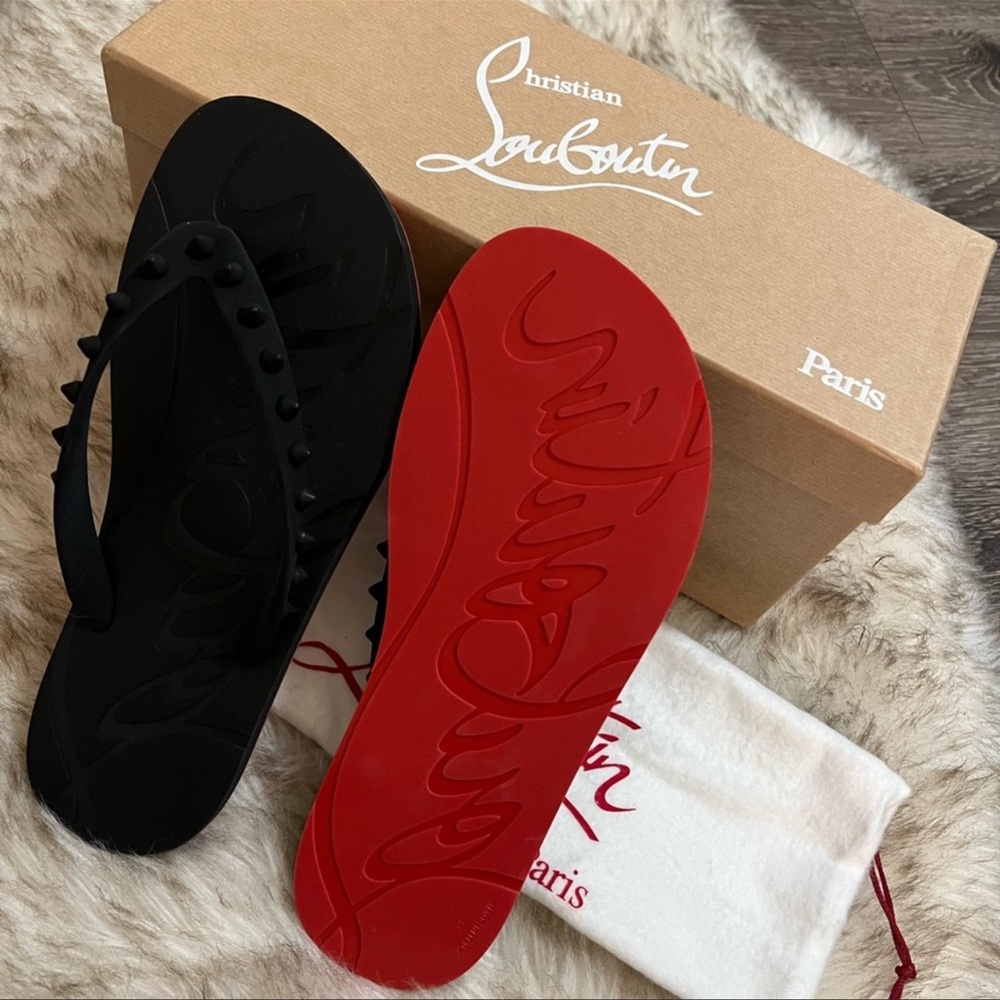 Christian Louboutin Black Studded Flip Flops with Red Sole - Picture 4 of 5